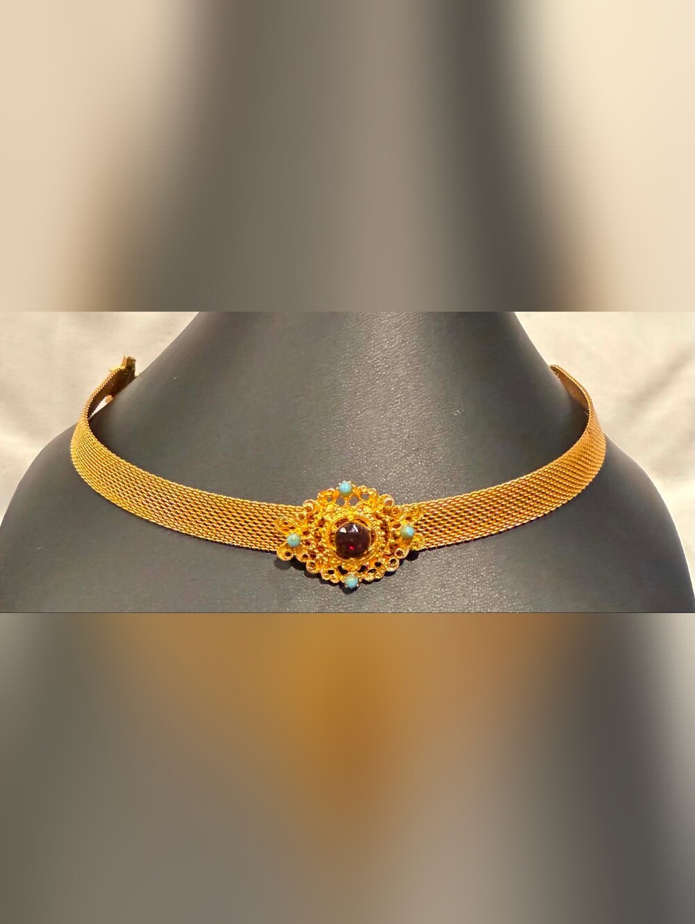 Florenza Gold-Tone Mesh Necklace with Red Center Stone and Turquoise Accents